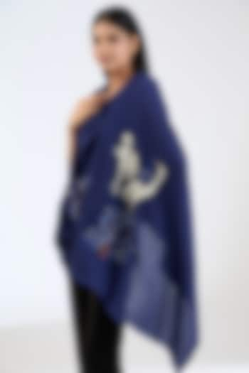 Navy Blue Cashmere Wool Pearls & Sequins Hand Embroidered Shawl by ITNI at Pernia's Pop Up Shop