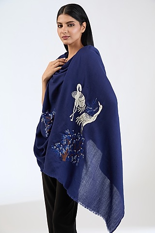 Navy Blue Cashmere Wool Pearls & Sequins Hand Embroidered Shawl by ITNI