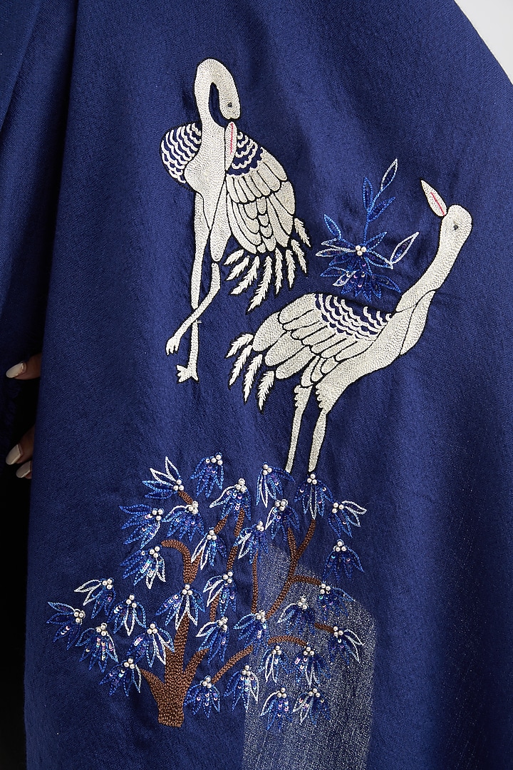 Navy Blue Cashmere Wool Pearls & Sequins Hand Embroidered Shawl by ITNI at Pernia's Pop Up Shop