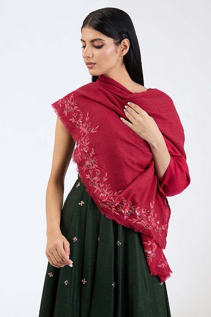 Maroon Cashmere Wool Resham & Sequins Hand Embroidered Shawl by ITNI at Pernia's Pop Up Shop