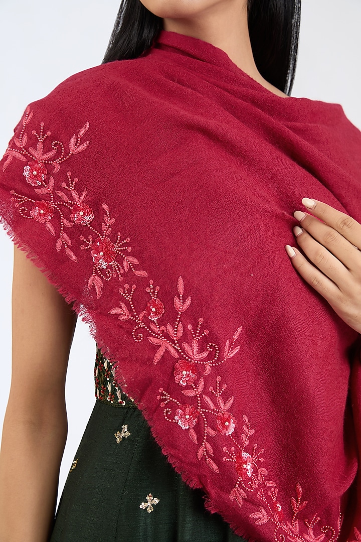 Maroon Cashmere Wool Resham & Sequins Hand Embroidered Shawl by ITNI at Pernia's Pop Up Shop
