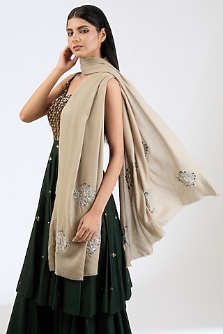 Beige & Nude Cashmere Wool Sequins Hand Embroidered Shawl by ITNI