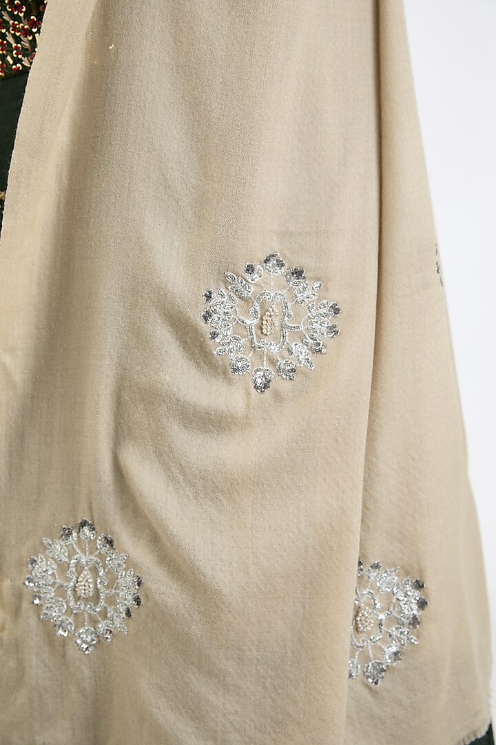 Beige & Nude Cashmere Wool Sequins Hand Embroidered Shawl by ITNI at Pernia's Pop Up Shop