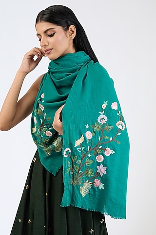 Green Cashmere Wool Resham & Pearls Hand Embroidered Shawl by ITNI