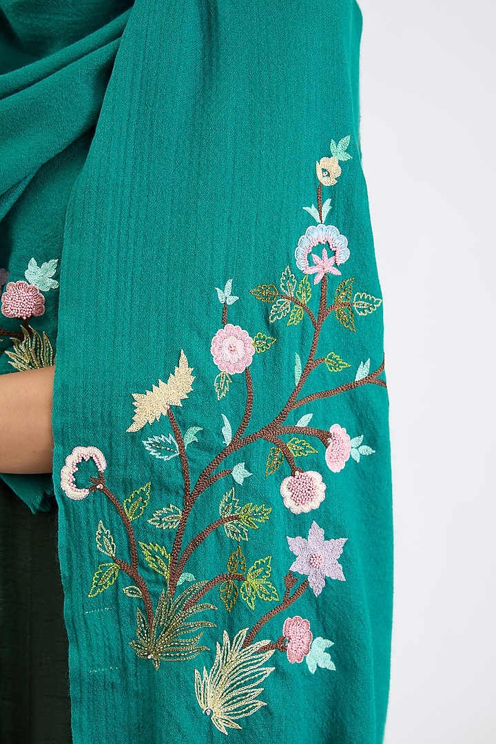 Green Cashmere Wool Resham & Pearls Hand Embroidered Shawl by ITNI at Pernia's Pop Up Shop