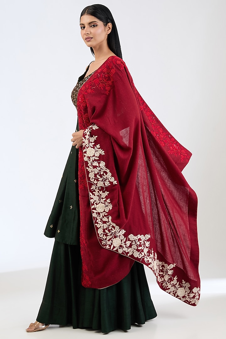 Maroon Cashmere Wool Resham & Sequins Hand Embroidered Shawl by ITNI at Pernia's Pop Up Shop