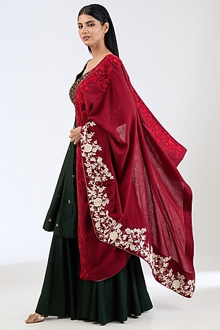 Maroon Cashmere Wool Resham & Sequins Hand Embroidered Shawl by ITNI