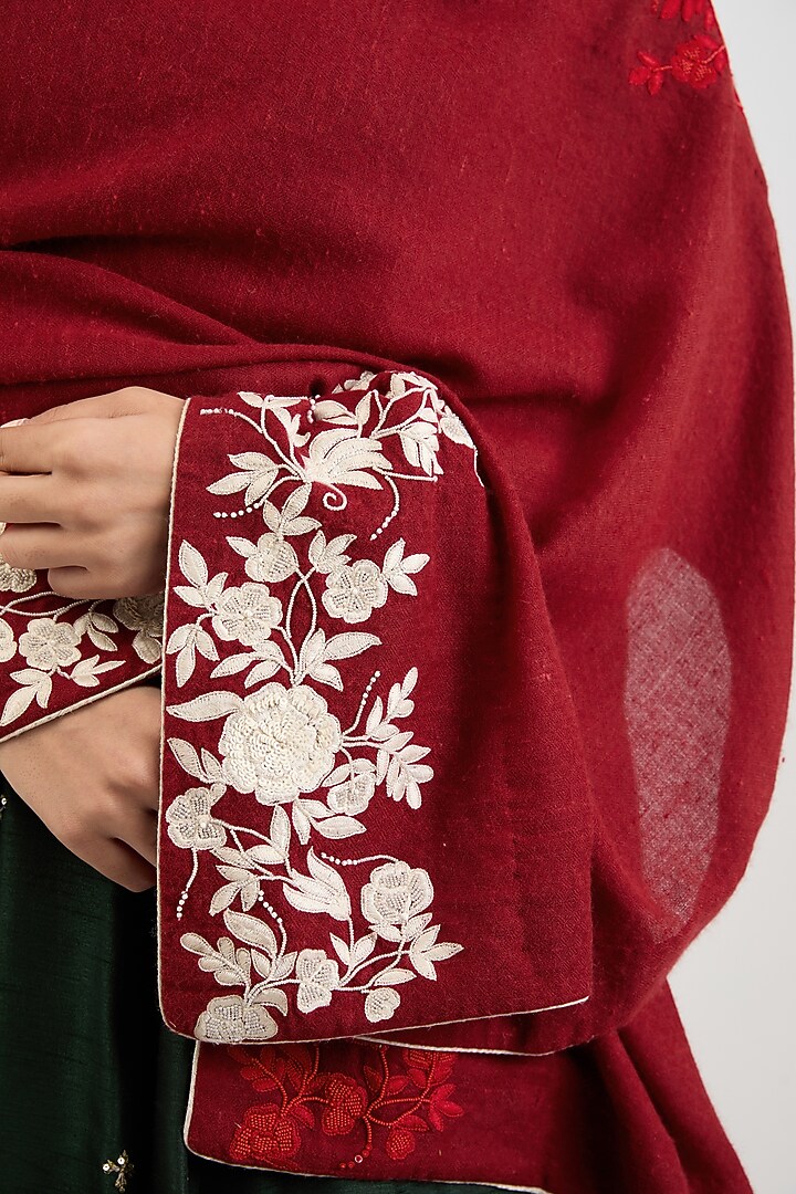 Maroon Cashmere Wool Resham & Sequins Hand Embroidered Shawl by ITNI at Pernia's Pop Up Shop