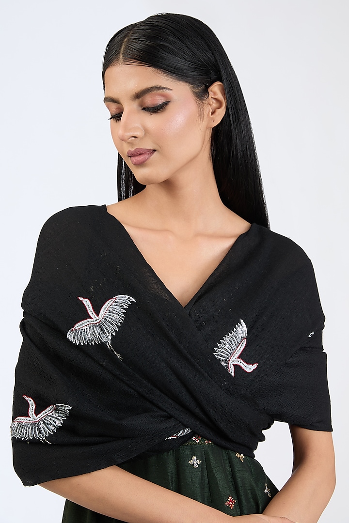 Black Cashmere Wool Cutdana & Sequins Hand Embroidered Shawl by ITNI at Pernia's Pop Up Shop