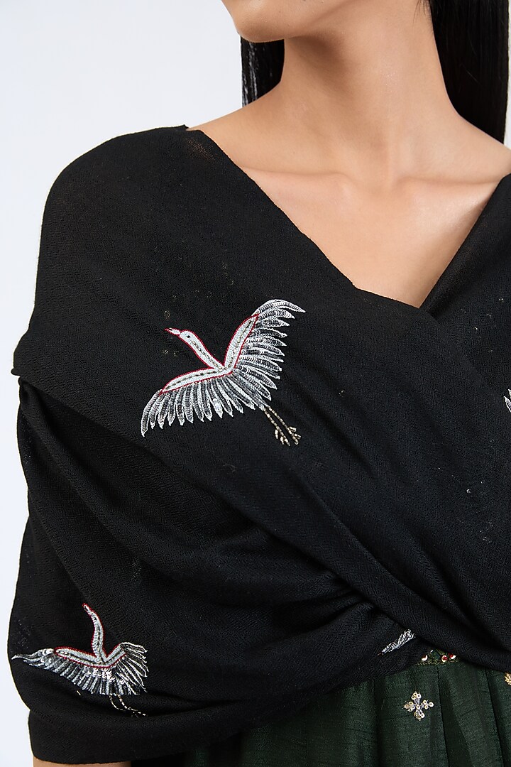 Black Cashmere Wool Cutdana & Sequins Hand Embroidered Shawl by ITNI at Pernia's Pop Up Shop