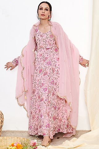 Pink Georgette Embroidered & Floral Printed Anarkali Set by Itraake