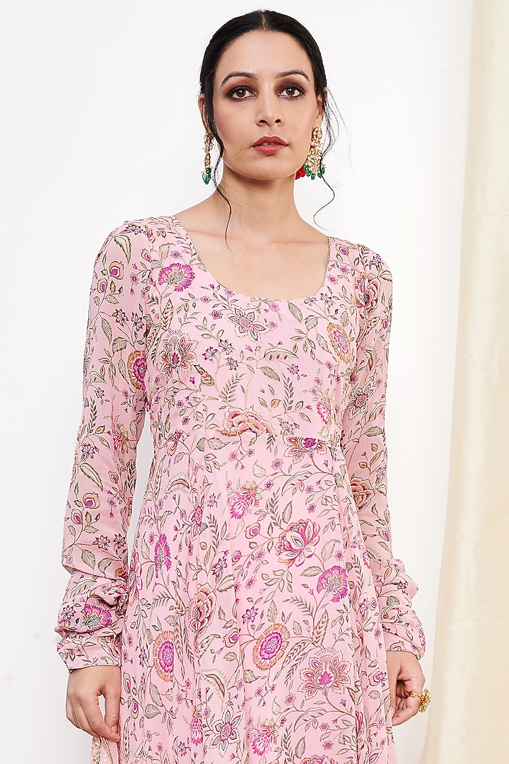 Pink Georgette Embroidered & Floral Printed Anarkali Set by Itraake at Pernia's Pop Up Shop