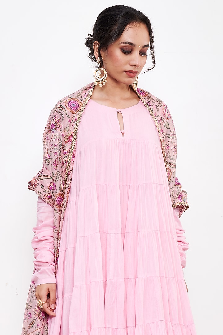 Pink Mul Tiered Anarkali Set by Itraake at Pernia's Pop Up Shop