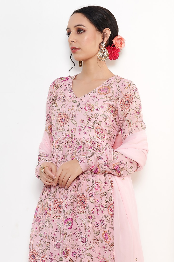 Pink Georgette Embroidered & Floral Printed Short Anarkali Set by Itraake at Pernia's Pop Up Shop