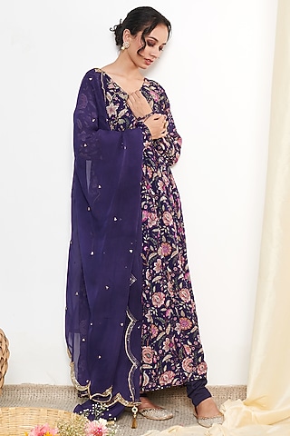 Blue Georgette Embroidered & Floral Printed Anarkali Set by Itraake