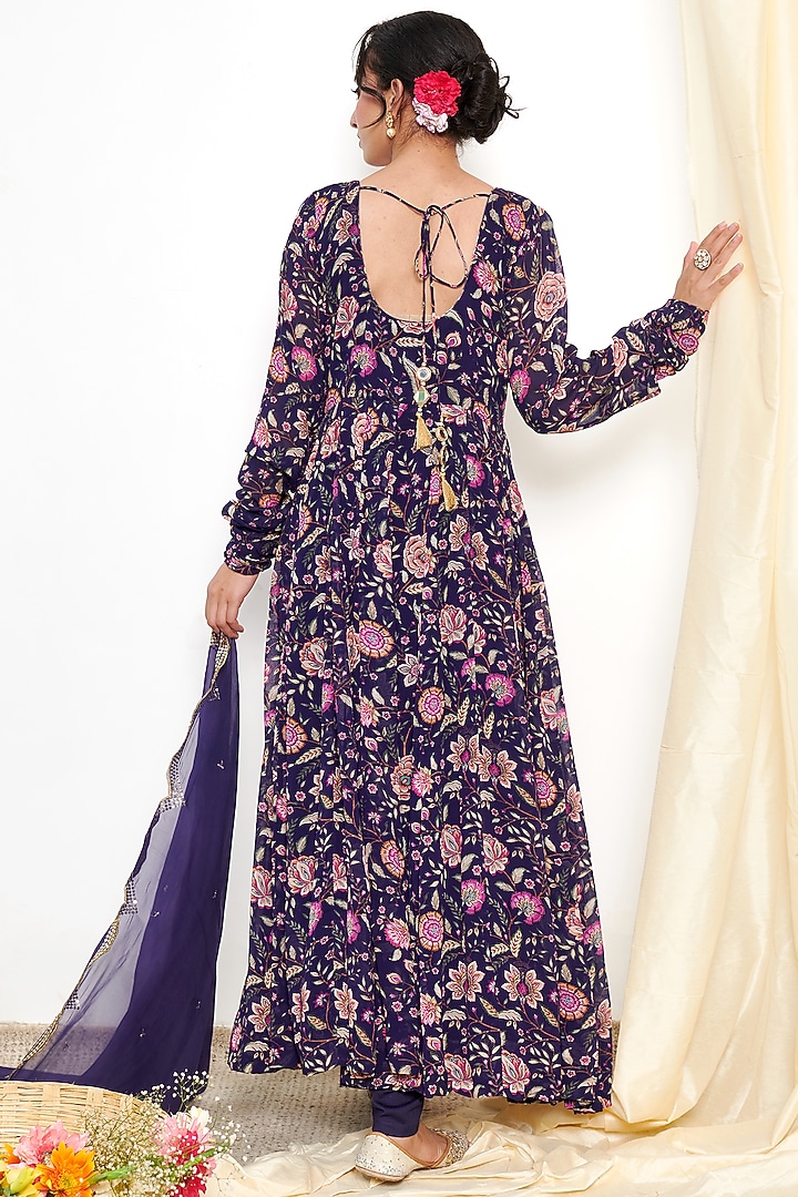 Blue Georgette Embroidered & Floral Printed Anarkali Set by Itraake at Pernia's Pop Up Shop