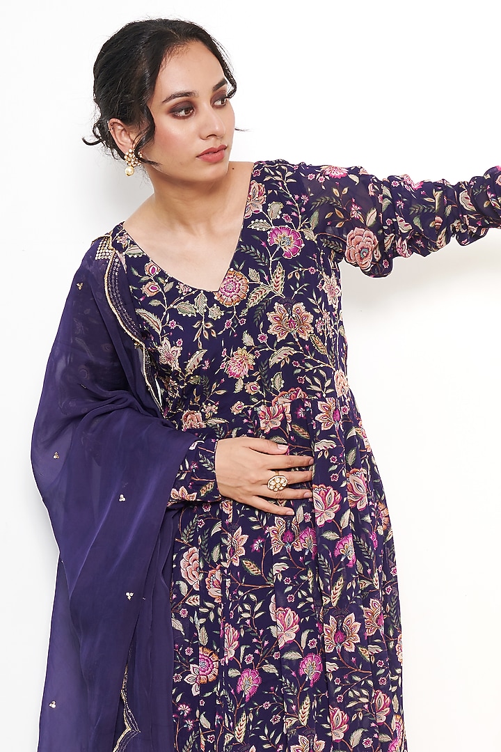 Blue Georgette Embroidered & Floral Printed Anarkali Set by Itraake at Pernia's Pop Up Shop