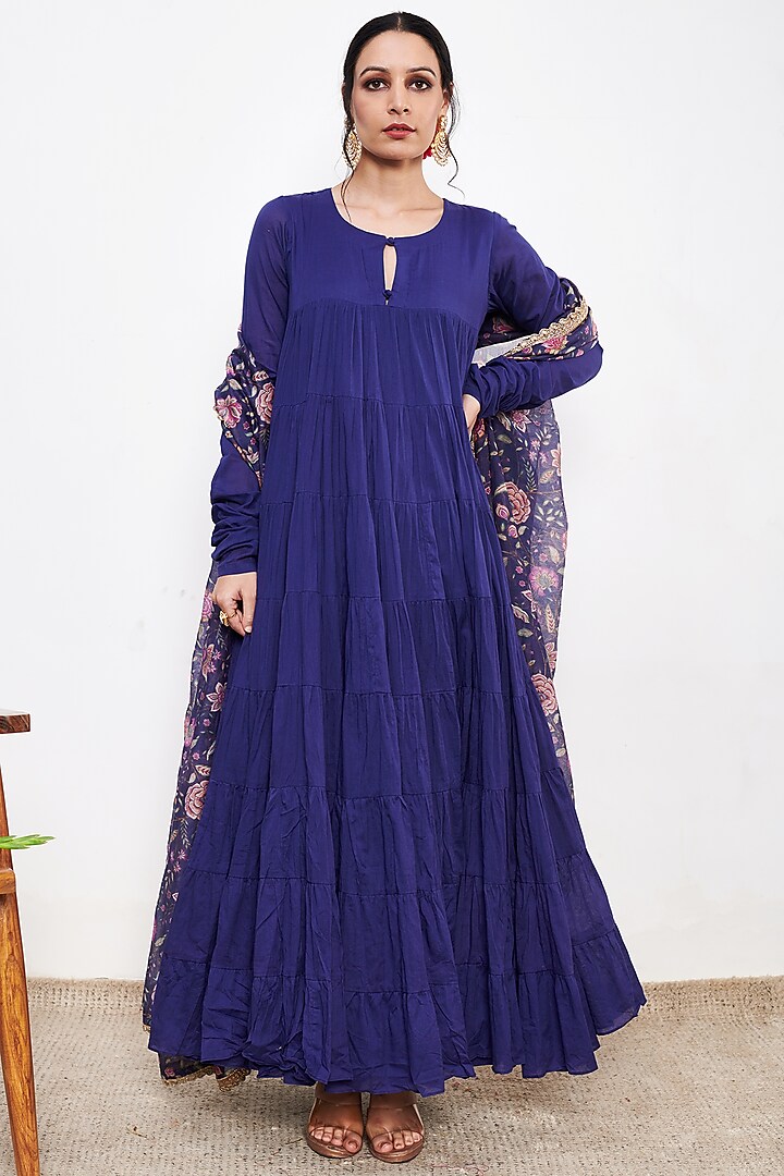 Blue Mul Tiered Anarkali Set by Itraake