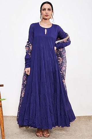 Blue Mul Tiered Anarkali Set by Itraake