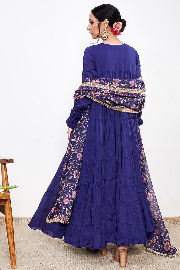 Blue Mul Tiered Anarkali Set by Itraake at Pernia's Pop Up Shop