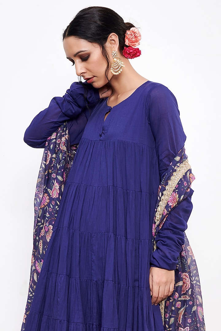 Blue Mul Tiered Anarkali Set by Itraake at Pernia's Pop Up Shop