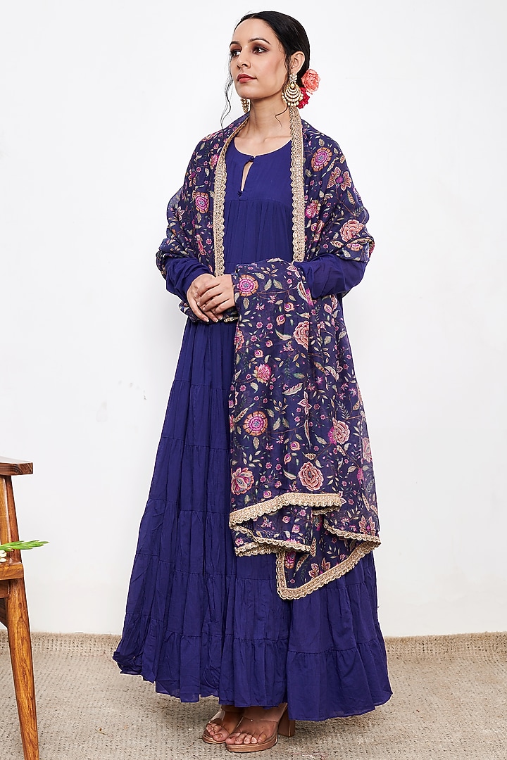 Blue Mul Tiered Anarkali Set by Itraake at Pernia's Pop Up Shop