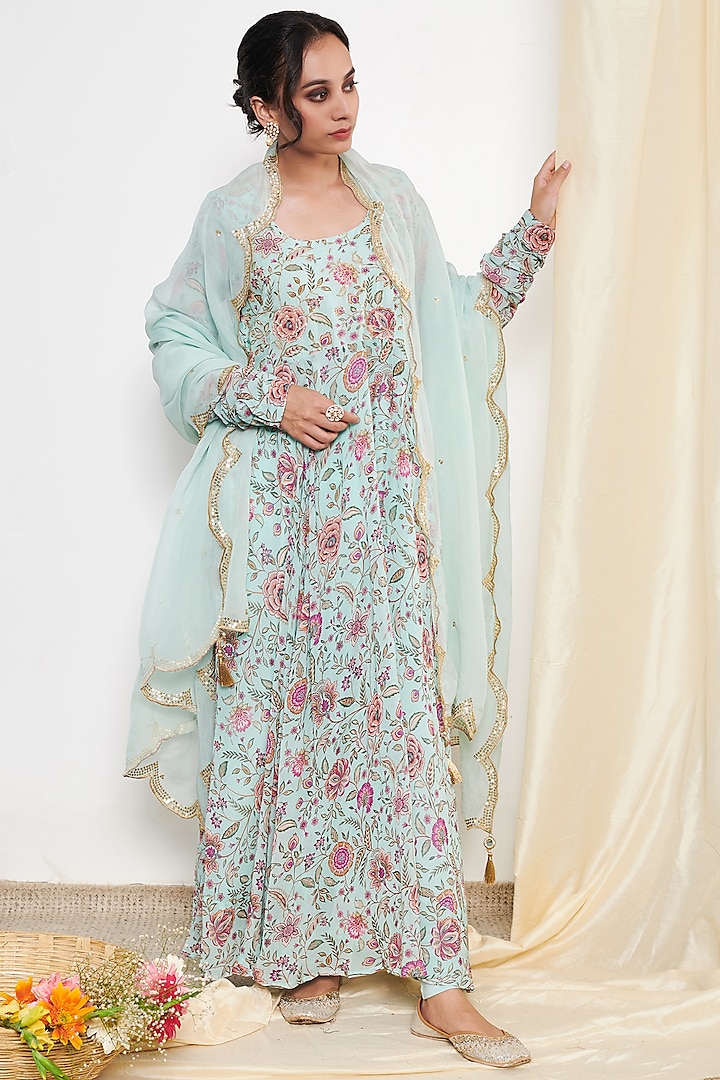 Aqua Blue Georgette Embroidered & Floral Printed Anarkali Set by Itraake