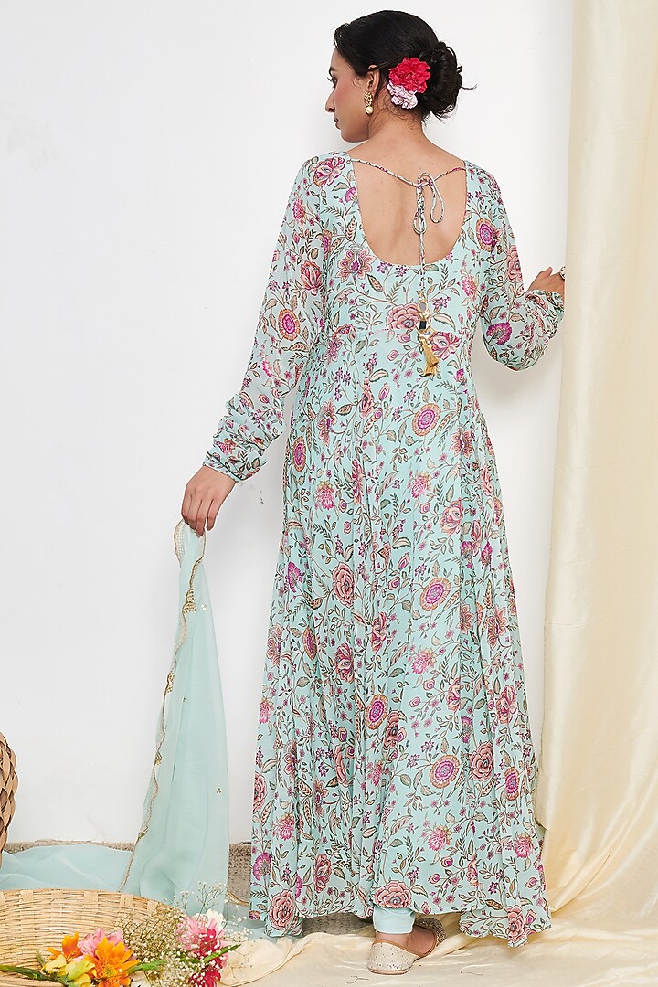 Aqua Blue Georgette Embroidered & Floral Printed Anarkali Set by Itraake at Pernia's Pop Up Shop