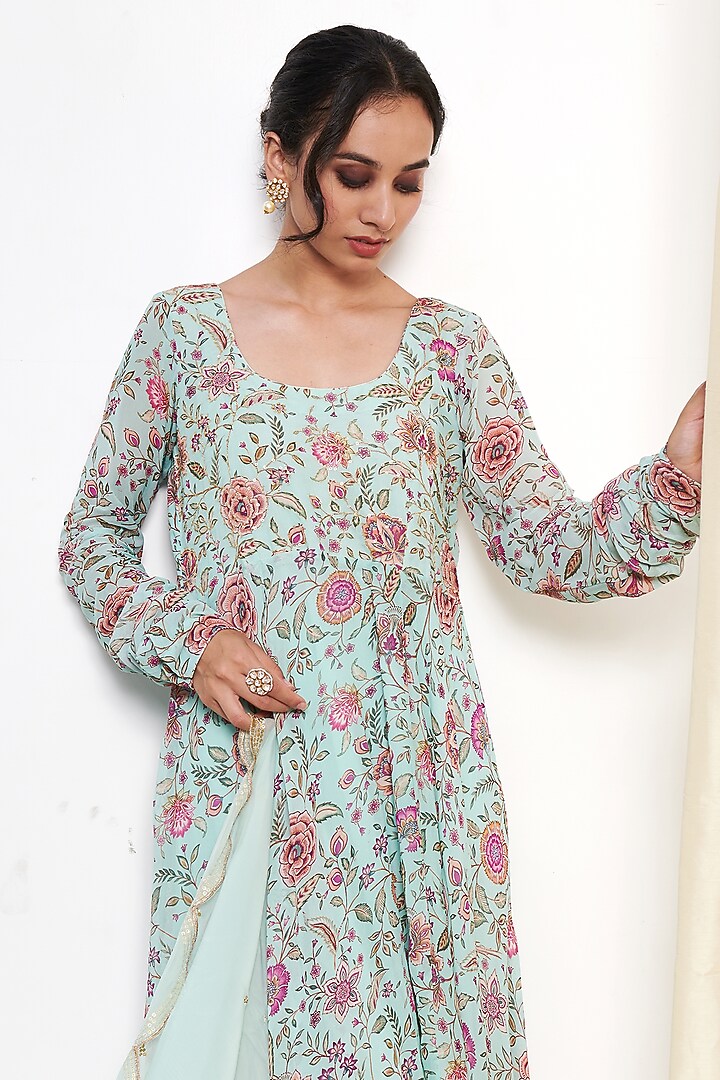 Aqua Blue Georgette Embroidered & Floral Printed Anarkali Set by Itraake at Pernia's Pop Up Shop