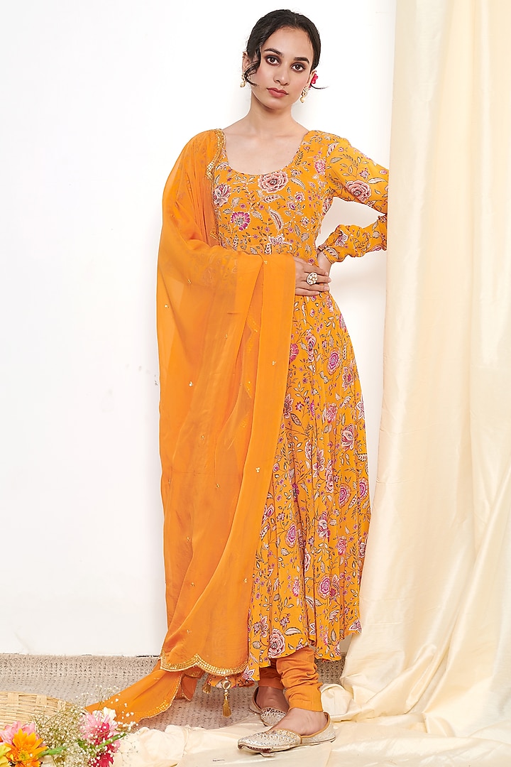 Orange Georgette Embroidered & Floral Printed Anarkali Set by Itraake