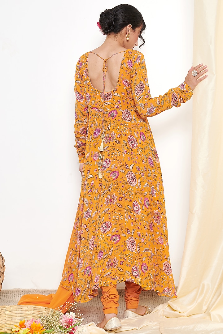 Orange Georgette Embroidered & Floral Printed Anarkali Set by Itraake at Pernia's Pop Up Shop