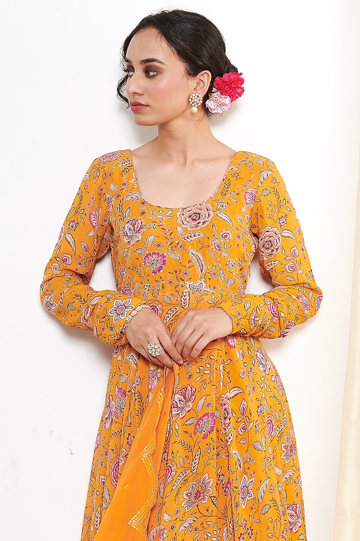 Orange Georgette Embroidered & Floral Printed Anarkali Set by Itraake at Pernia's Pop Up Shop