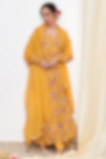 Yellow Georgette Embroidered & Floral Printed Anarkali Set by Itraake