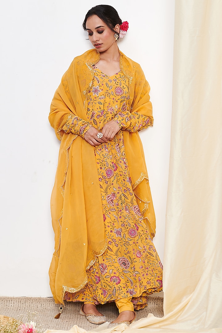Yellow Georgette Embroidered & Floral Printed Anarkali Set by Itraake