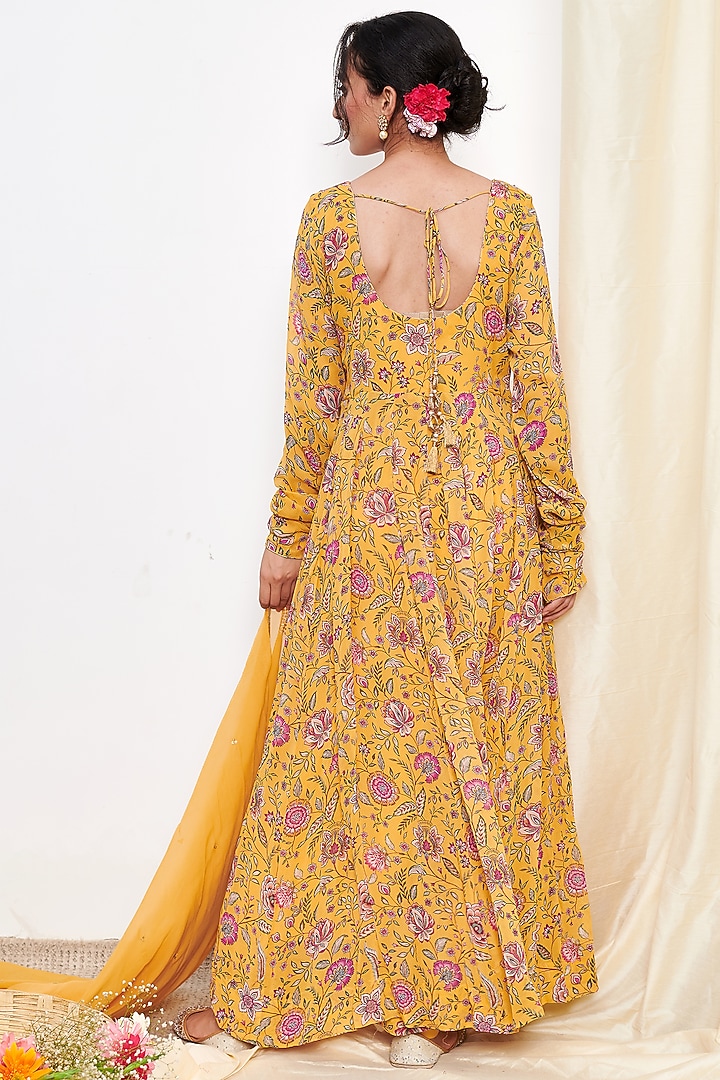 Yellow Georgette Embroidered & Floral Printed Anarkali Set by Itraake at Pernia's Pop Up Shop