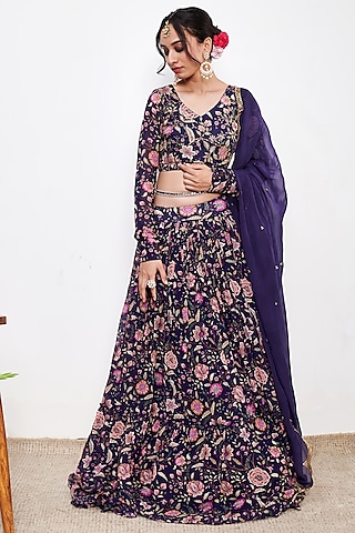 Blue Georgette Floral Printed Lehenga Set by Itraake