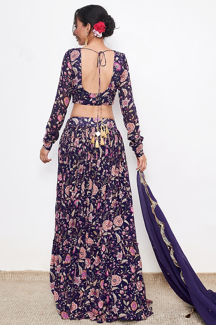 Blue Georgette Floral Printed Lehenga Set by Itraake at Pernia's Pop Up Shop