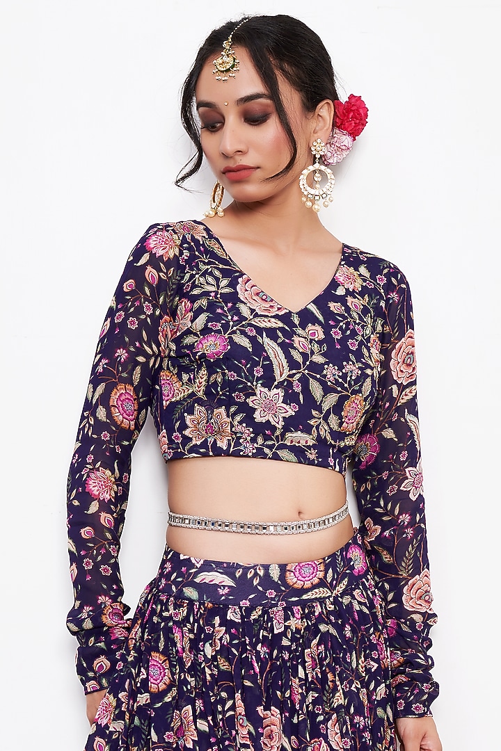 Blue Georgette Floral Printed Lehenga Set by Itraake at Pernia's Pop Up Shop