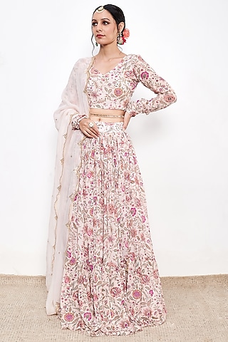 White Georgette Floral Printed Lehenga Set by Itraake