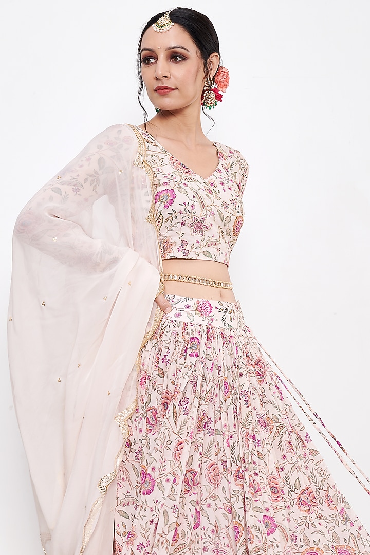 White Georgette Floral Printed Lehenga Set by Itraake at Pernia's Pop Up Shop