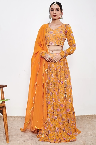 Orange Georgette Floral Printed Lehenga Set by Itraake