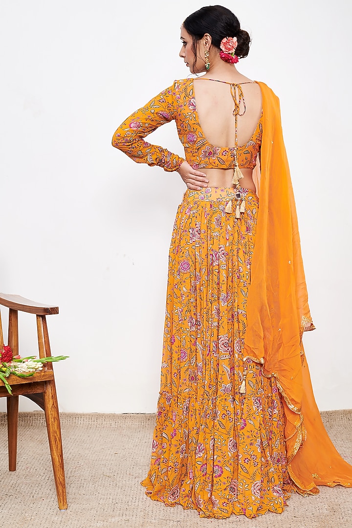 Orange Georgette Floral Printed Lehenga Set by Itraake at Pernia's Pop Up Shop