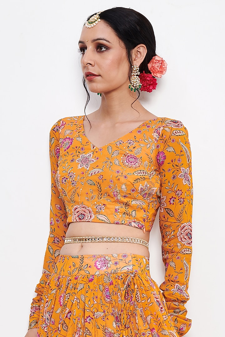 Orange Georgette Floral Printed Lehenga Set by Itraake at Pernia's Pop Up Shop