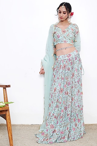 Aqua Blue Georgette Floral Printed Lehenga Set by Itraake