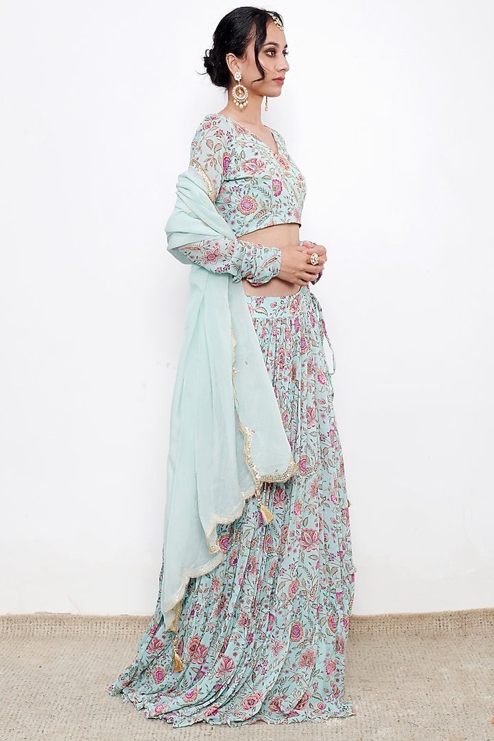 Aqua Blue Georgette Floral Printed Lehenga Set by Itraake at Pernia's Pop Up Shop