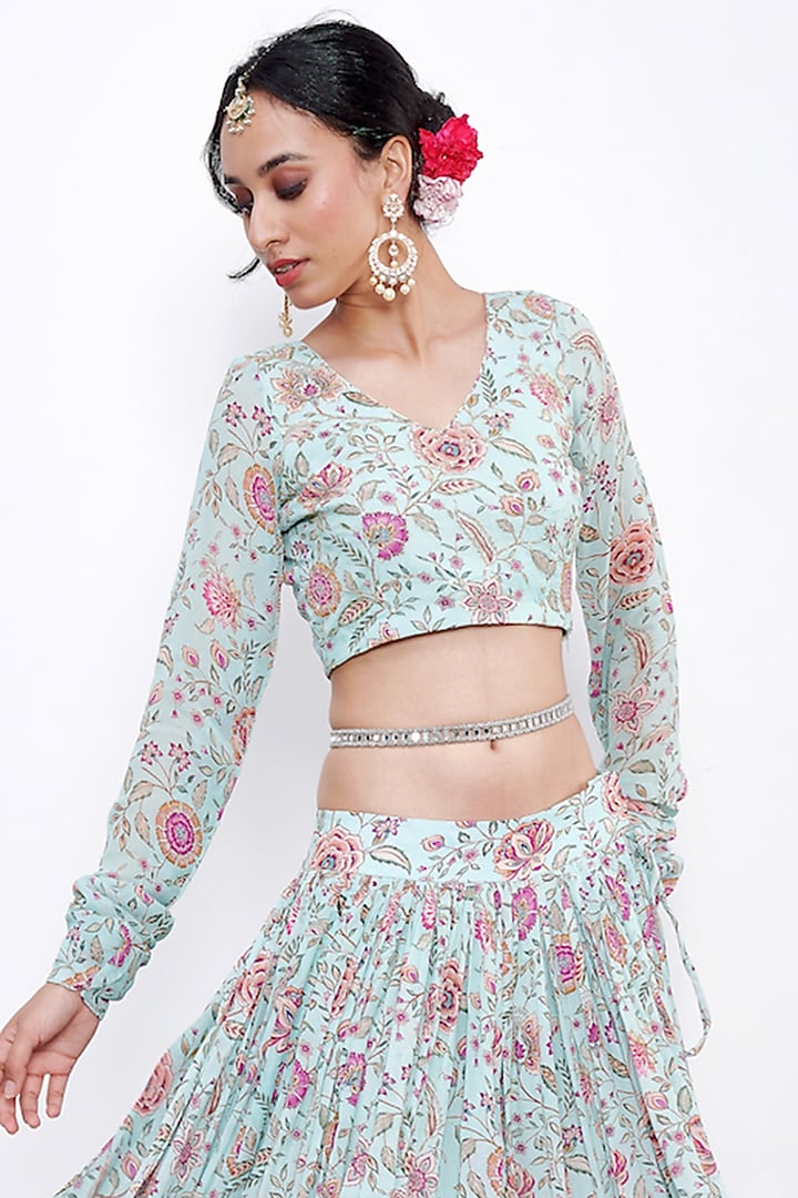 Aqua Blue Georgette Floral Printed Lehenga Set by Itraake at Pernia's Pop Up Shop