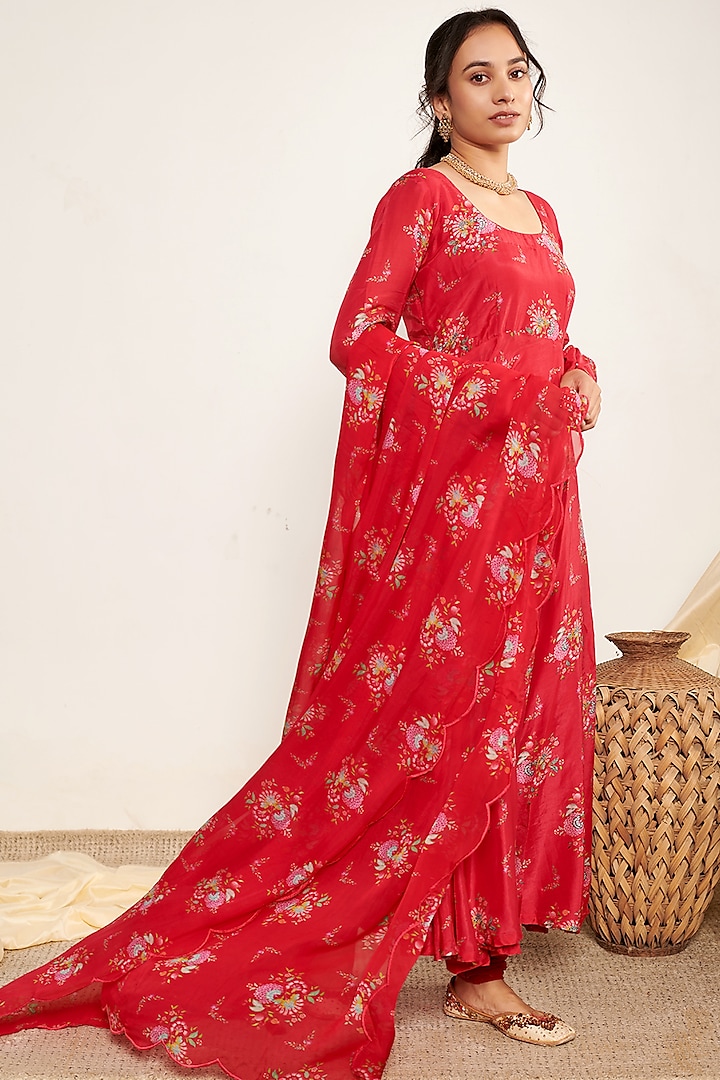 Red Cotton Silk Printed Anarkali Set by Itraake