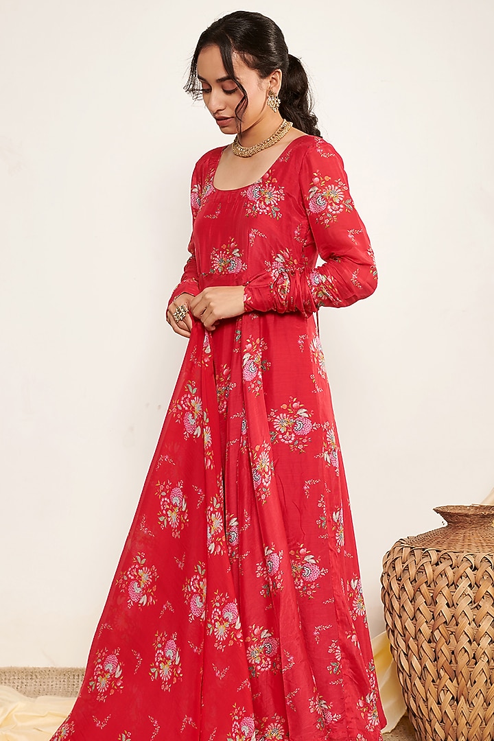 Red Cotton Silk Printed Anarkali Set by Itraake at Pernia's Pop Up Shop