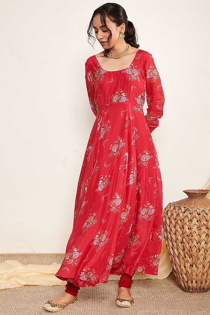 Red Cotton Silk Printed Anarkali Set by Itraake at Pernia's Pop Up Shop