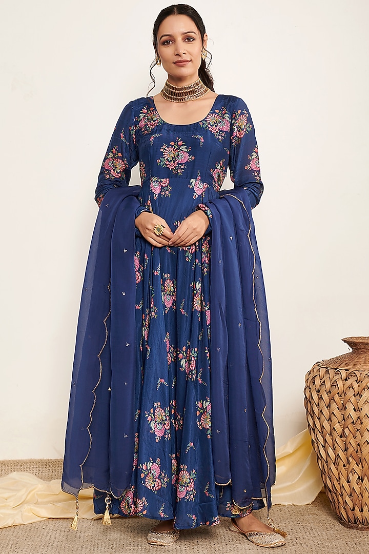 Blue Cotton Silk Printed Anarkali Set by Itraake
